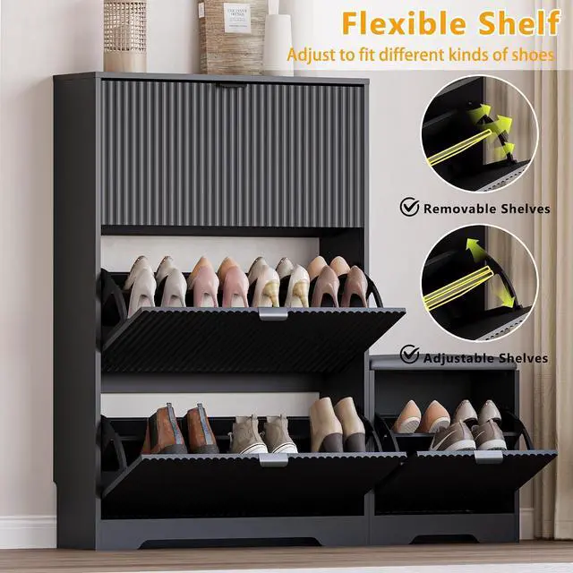 Alt view image 3 of 7 - Slim Shoe Cabinet with Bench for Entryway, Hidden Storage and Adjustable Shelves, Free Standing Wooden Shoes Organizer for Hallway, Foyer