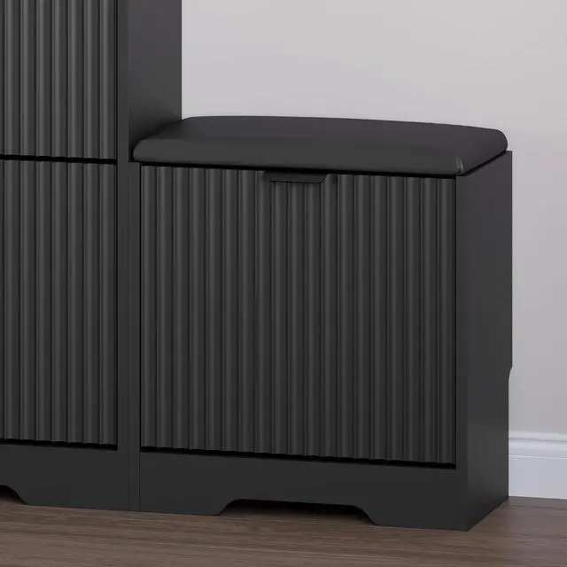 Alt view image 5 of 7 - Slim Shoe Cabinet with Bench for Entryway, Hidden Storage and Adjustable Shelves, Free Standing Wooden Shoes Organizer for Hallway, Foyer