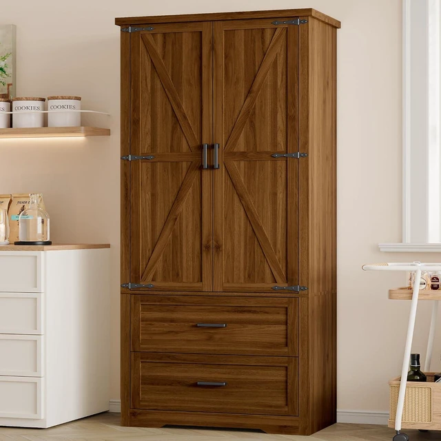 Main image of Pantry Organizers and Storage Cabinet, 71 Barn Door White Kitchen Cabinet with Drawers and Adjustable Shelf, Tall Pantry for Kitchen, Dining Room, Living Room. Bathroom and Office