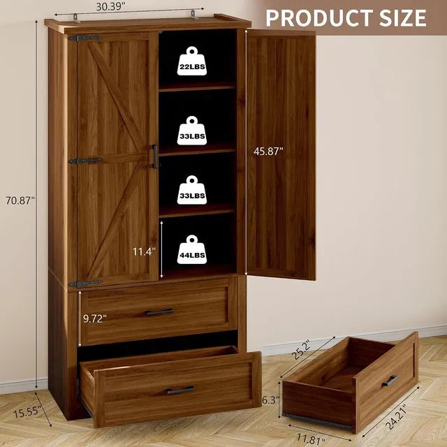 Alt view image 2 of 7 - Pantry Organizers and Storage Cabinet, 71 Barn Door White Kitchen Cabinet with Drawers and Adjustable Shelf, Tall Pantry for Kitchen, Dining Room, Living Room. Bathroom and Office