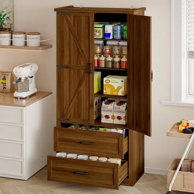 Alt view image 3 of 7 - Pantry Organizers and Storage Cabinet, 71 Barn Door White Kitchen Cabinet with Drawers and Adjustable Shelf, Tall Pantry for Kitchen, Dining Room, Living Room. Bathroom and Office