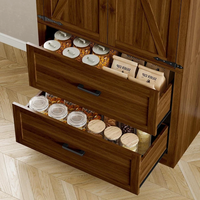 Alt view image 6 of 7 - Pantry Organizers and Storage Cabinet, 71 Barn Door White Kitchen Cabinet with Drawers and Adjustable Shelf, Tall Pantry for Kitchen, Dining Room, Living Room. Bathroom and Office