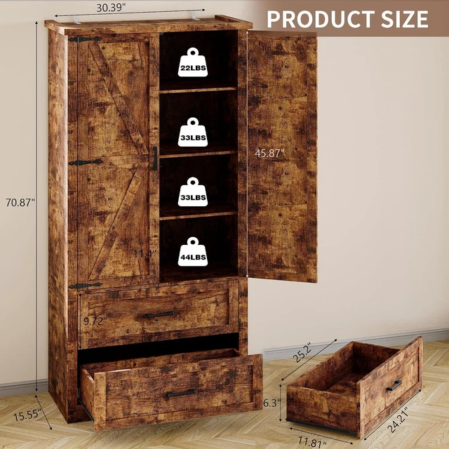 Alt view image 2 of 7 - Pantry Organizers and Storage Cabinet, 71 Barn Door White Kitchen Cabinet with Drawers and Adjustable Shelf, Tall Pantry for Kitchen, Dining Room, Living Room. Bathroom and Office