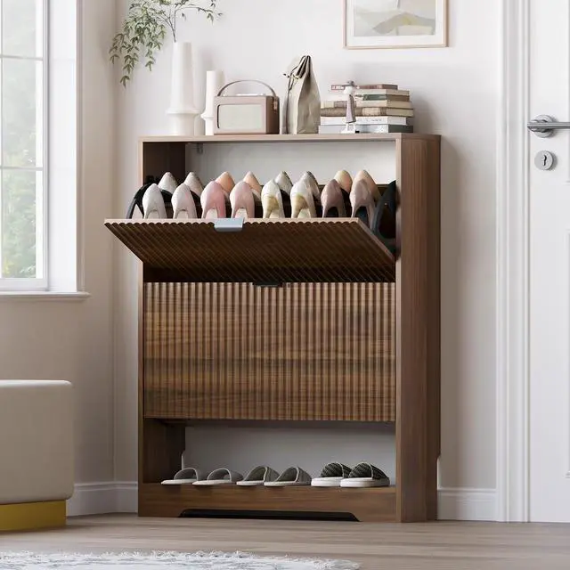 Main image of Shoe Cabinet with 2 Flip Drawers, Fluted Shoe Storage Cabinet with Adjustable Shelves, Freestanding Rack and Organizer for Entryway, Closet, Hallway