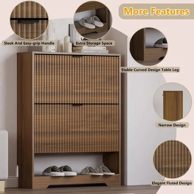 Alt view image 4 of 7 - Shoe Cabinet with 2 Flip Drawers, Fluted Shoe Storage Cabinet with Adjustable Shelves, Freestanding Rack and Organizer for Entryway, Closet, Hallway
