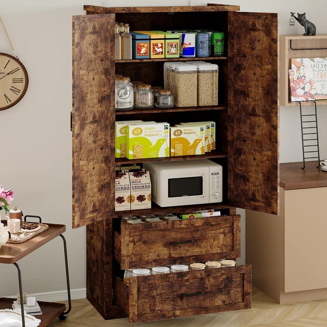 Alt view image 3 of 7 - Pantry Organizers and Storage Cabinet, 71 Barn Door White Kitchen Cabinet with Drawers and Adjustable Shelf, Tall Pantry for Kitchen, Dining Room, Living Room. Bathroom and Office