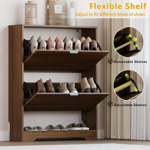 Alt view image 3 of 7 - Shoe Cabinet with 2 Flip Drawers, Fluted Shoe Storage Cabinet with Adjustable Shelves, Freestanding Rack and Organizer for Entryway, Closet, Hallway
