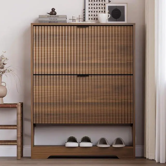 Alt view image 6 of 7 - Shoe Cabinet with 2 Flip Drawers, Fluted Shoe Storage Cabinet with Adjustable Shelves, Freestanding Rack and Organizer for Entryway, Closet, Hallway
