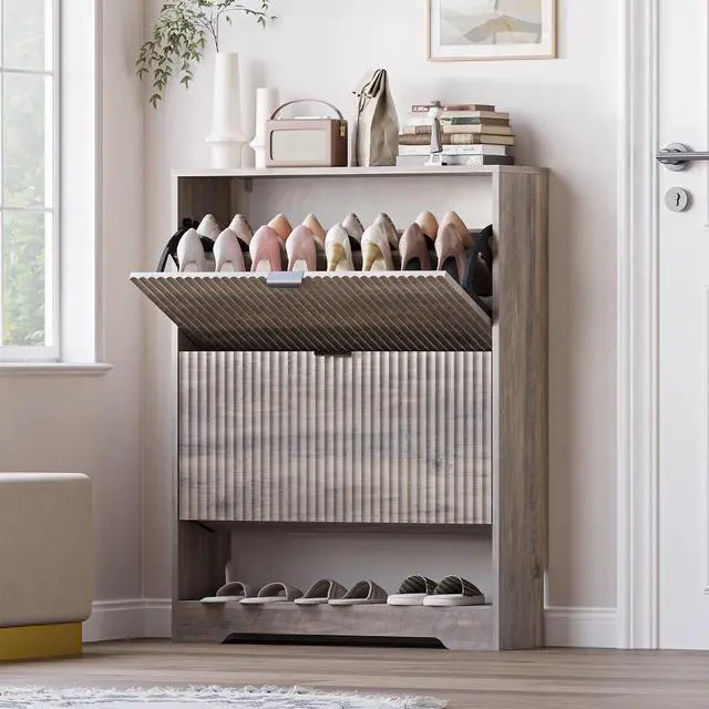 Main image of Shoe Cabinet with 2 Flip Drawers, Fluted Shoe Storage Cabinet with Adjustable Shelves, Freestanding Rack and Organizer for Entryway, Closet, Hallway