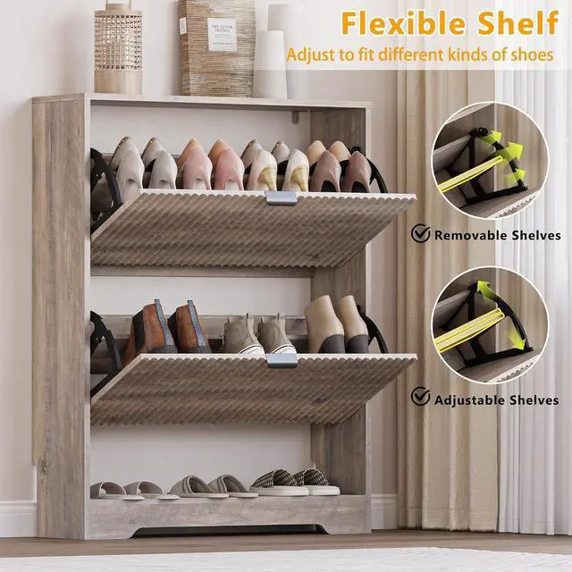 Alt view image 3 of 7 - Shoe Cabinet with 2 Flip Drawers, Fluted Shoe Storage Cabinet with Adjustable Shelves, Freestanding Rack and Organizer for Entryway, Closet, Hallway