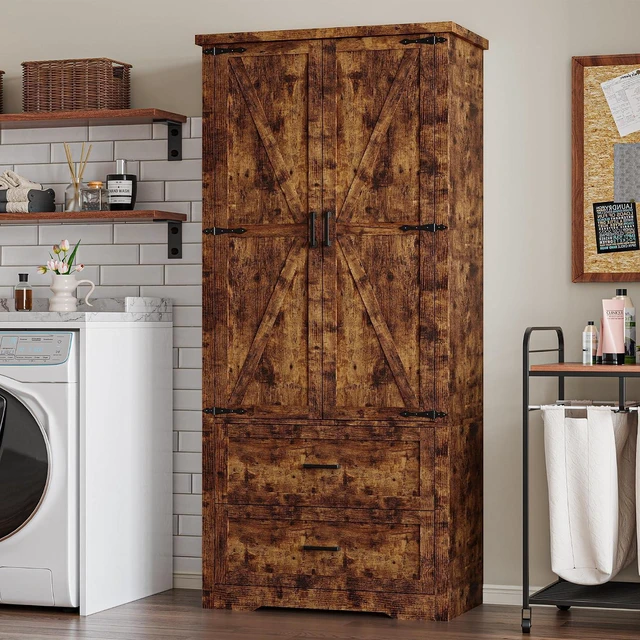Alt view image 7 of 7 - Pantry Organizers and Storage Cabinet, 71 Barn Door White Kitchen Cabinet with Drawers and Adjustable Shelf, Tall Pantry for Kitchen, Dining Room, Living Room. Bathroom and Office