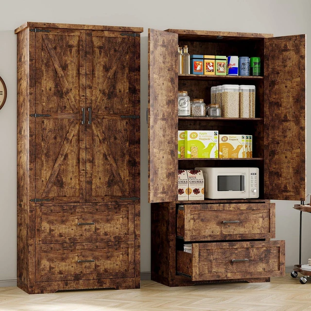 Alt view image 4 of 7 - Pantry Organizers and Storage Cabinet, 71 Barn Door White Kitchen Cabinet with Drawers and Adjustable Shelf, Tall Pantry for Kitchen, Dining Room, Living Room. Bathroom and Office