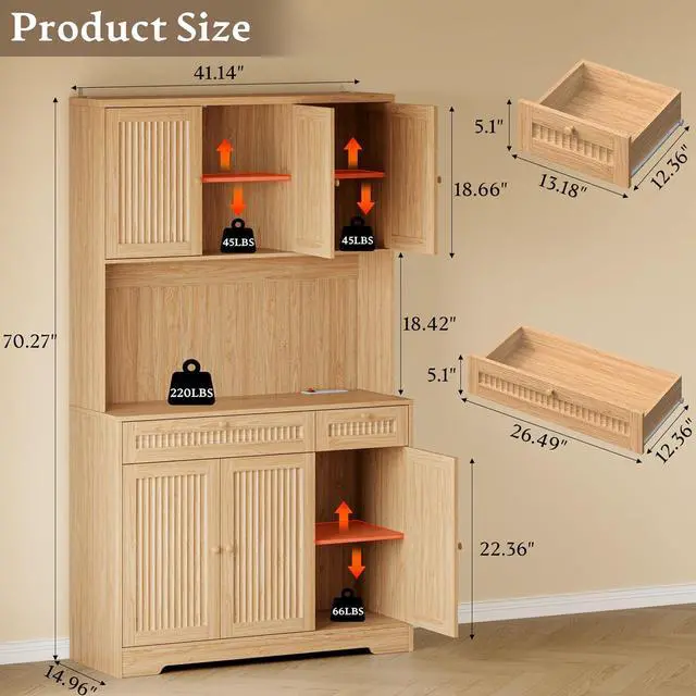 Alt view image 2 of 7 - Pantry Cabinet with Charging Station and Light, Tall Kitchen Pantry Storage Cabinet with Microwave Stand, Wide Fluted Kitchen Hutch with Storage Drawers and Adjustable Shelves for Dining Room