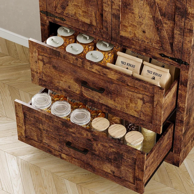 Alt view image 6 of 7 - Pantry Organizers and Storage Cabinet, 71 Barn Door White Kitchen Cabinet with Drawers and Adjustable Shelf, Tall Pantry for Kitchen, Dining Room, Living Room. Bathroom and Office