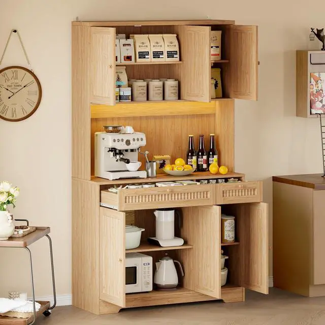 Alt view image 3 of 7 - Pantry Cabinet with Charging Station and Light, Tall Kitchen Pantry Storage Cabinet with Microwave Stand, Wide Fluted Kitchen Hutch with Storage Drawers and Adjustable Shelves for Dining Room