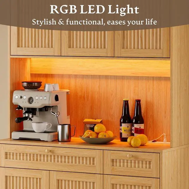 Alt view image 5 of 7 - Pantry Cabinet with Charging Station and Light, Tall Kitchen Pantry Storage Cabinet with Microwave Stand, Wide Fluted Kitchen Hutch with Storage Drawers and Adjustable Shelves for Dining Room