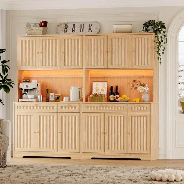 Alt view image 6 of 7 - Pantry Cabinet with Charging Station and Light, Tall Kitchen Pantry Storage Cabinet with Microwave Stand, Wide Fluted Kitchen Hutch with Storage Drawers and Adjustable Shelves for Dining Room