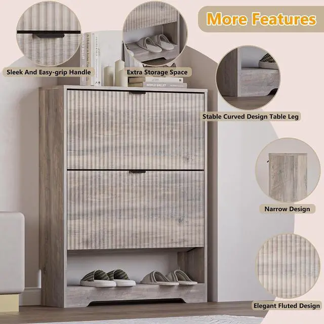 Alt view image 4 of 7 - Shoe Cabinet with 2 Flip Drawers, Fluted Shoe Storage Cabinet with Adjustable Shelves, Freestanding Rack and Organizer for Entryway, Closet, Hallway