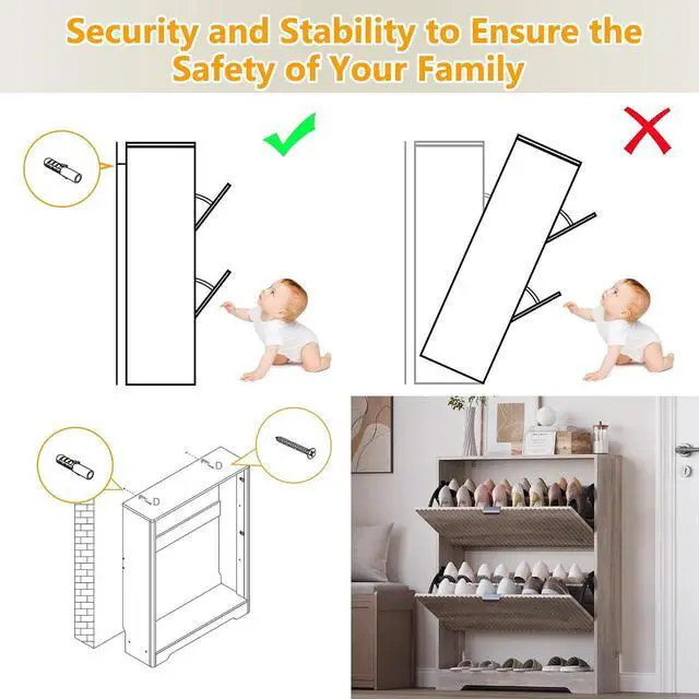 Alt view image 7 of 7 - Shoe Cabinet with 2 Flip Drawers, Fluted Shoe Storage Cabinet with Adjustable Shelves, Freestanding Rack and Organizer for Entryway, Closet, Hallway