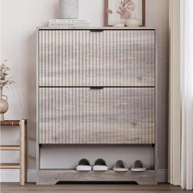 Alt view image 6 of 7 - Shoe Cabinet with 2 Flip Drawers, Fluted Shoe Storage Cabinet with Adjustable Shelves, Freestanding Rack and Organizer for Entryway, Closet, Hallway