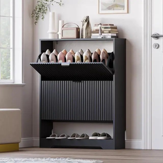 Main image of Shoe Cabinet with 2 Flip Drawers, Fluted Shoe Storage Cabinet with Adjustable Shelves, Freestanding Rack and Organizer for Entryway, Closet, Hallway