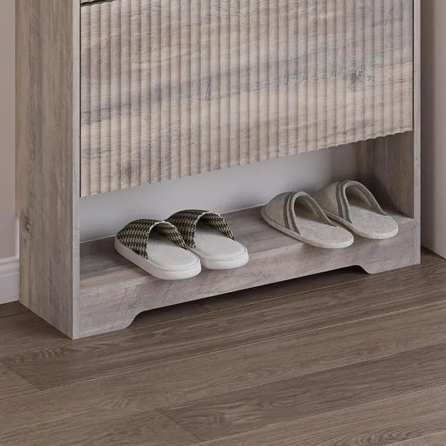 Alt view image 5 of 7 - Shoe Cabinet with 2 Flip Drawers, Fluted Shoe Storage Cabinet with Adjustable Shelves, Freestanding Rack and Organizer for Entryway, Closet, Hallway
