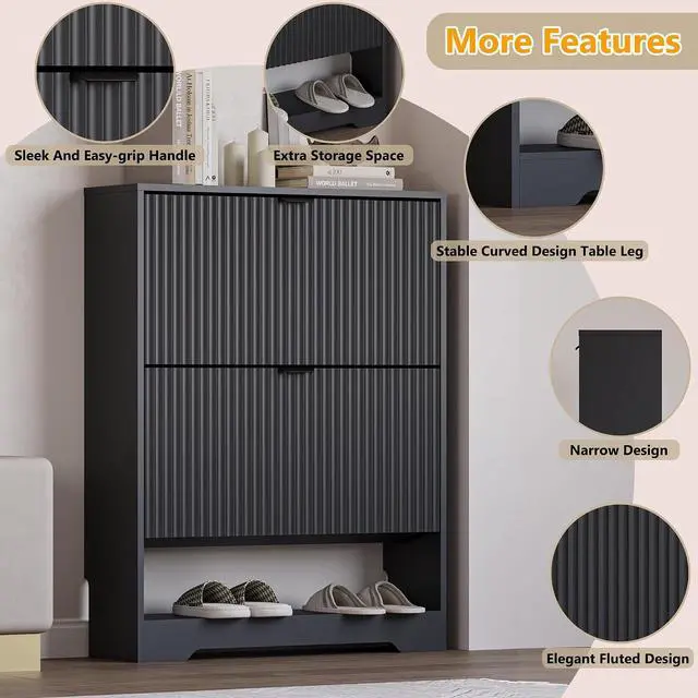 Alt view image 4 of 7 - Shoe Cabinet with 2 Flip Drawers, Fluted Shoe Storage Cabinet with Adjustable Shelves, Freestanding Rack and Organizer for Entryway, Closet, Hallway