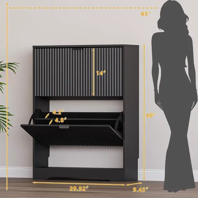 Alt view image 2 of 7 - Shoe Cabinet with 2 Flip Drawers, Fluted Shoe Storage Cabinet with Adjustable Shelves, Freestanding Rack and Organizer for Entryway, Closet, Hallway