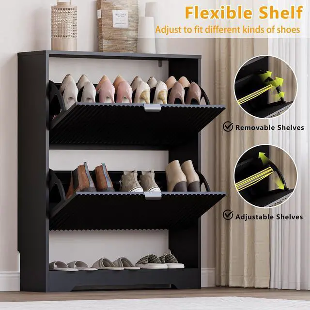 Alt view image 3 of 7 - Shoe Cabinet with 2 Flip Drawers, Fluted Shoe Storage Cabinet with Adjustable Shelves, Freestanding Rack and Organizer for Entryway, Closet, Hallway