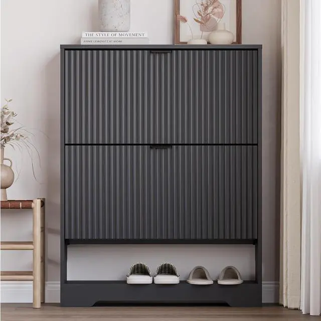 Alt view image 6 of 7 - Shoe Cabinet with 2 Flip Drawers, Fluted Shoe Storage Cabinet with Adjustable Shelves, Freestanding Rack and Organizer for Entryway, Closet, Hallway
