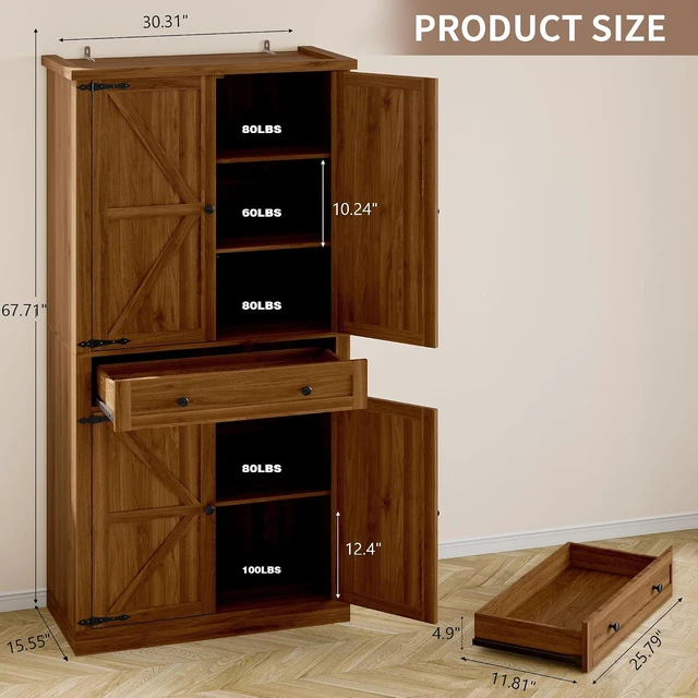 Alt view image 2 of 7 - Pantry Organizers and Storage Cabinet, 67.71 Barn Door White Kitchen Cabinet with Drawers and Adjustable Shelf, Tall Pantry for Kitchen, Dining Room, Living Room