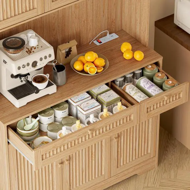 Alt view image 7 of 7 - Pantry Cabinet with Charging Station and Light, Tall Kitchen Pantry Storage Cabinet with Microwave Stand, Wide Fluted Kitchen Hutch with Storage Drawers and Adjustable Shelves for Dining Room