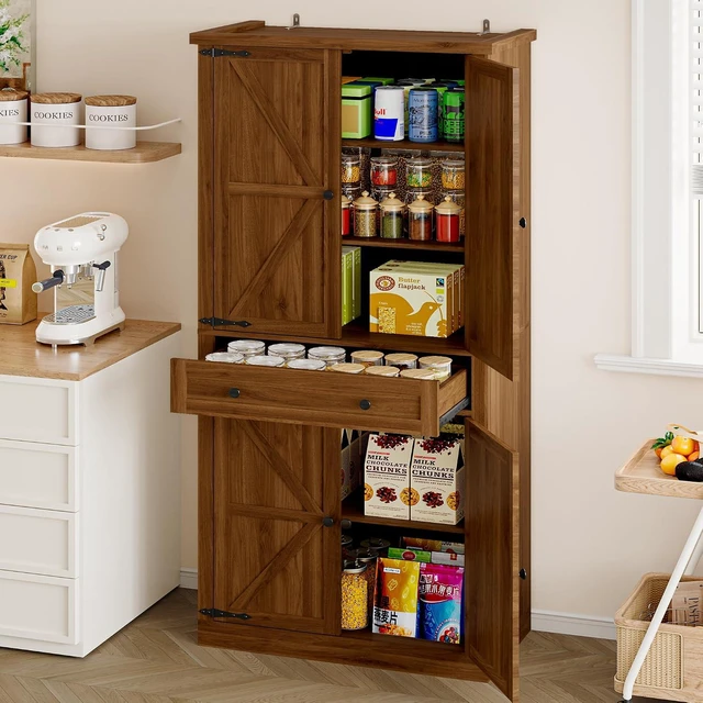 Alt view image 3 of 7 - Pantry Organizers and Storage Cabinet, 67.71 Barn Door White Kitchen Cabinet with Drawers and Adjustable Shelf, Tall Pantry for Kitchen, Dining Room, Living Room