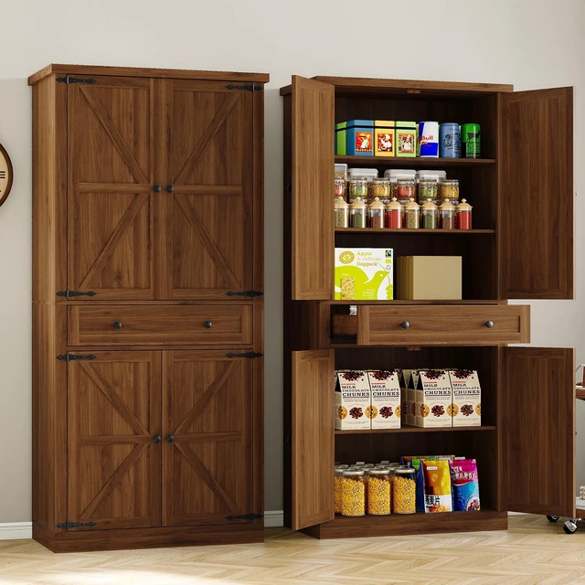 Alt view image 5 of 7 - Pantry Organizers and Storage Cabinet, 67.71 Barn Door White Kitchen Cabinet with Drawers and Adjustable Shelf, Tall Pantry for Kitchen, Dining Room, Living Room