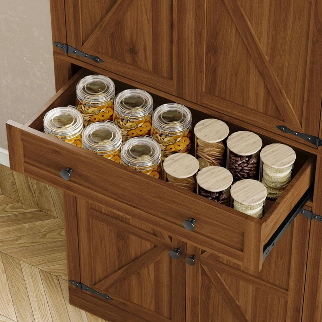 Alt view image 7 of 7 - Pantry Organizers and Storage Cabinet, 67.71 Barn Door White Kitchen Cabinet with Drawers and Adjustable Shelf, Tall Pantry for Kitchen, Dining Room, Living Room