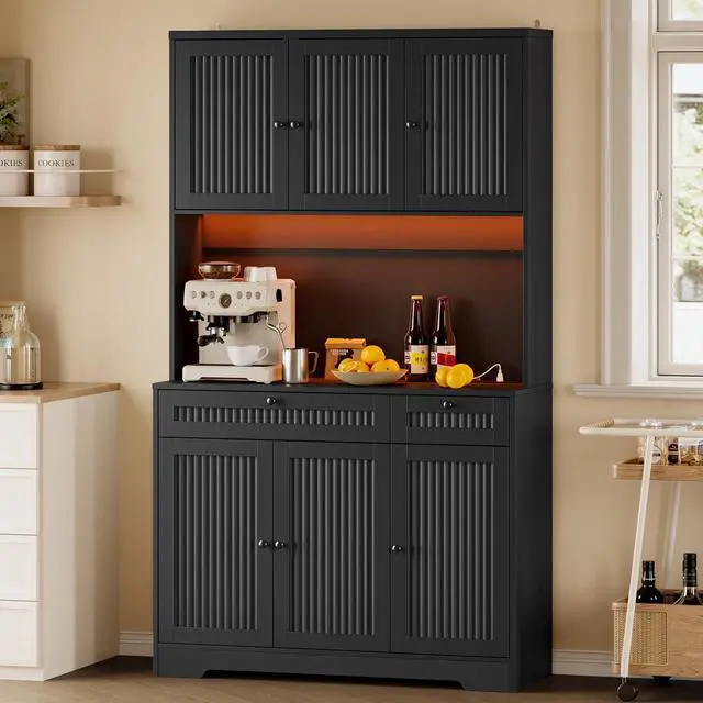 Main image of Pantry Cabinet with Charging Station and Light, Tall Kitchen Pantry Storage Cabinet with Microwave Stand, Wide Fluted Kitchen Hutch with Storage Drawers and Adjustable Shelves for Dining Room