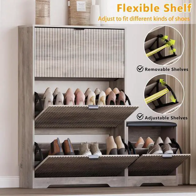 Alt view image 3 of 7 - Slim Shoe Cabinet with Bench for Entryway, Hidden Storage and Adjustable Shelves, Free Standing Wooden Shoes Organizer for Hallway, Foyer