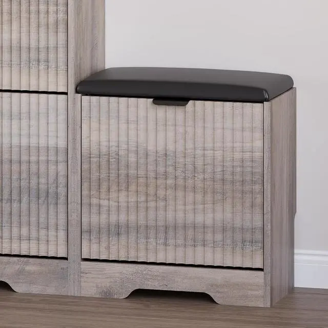Alt view image 5 of 7 - Slim Shoe Cabinet with Bench for Entryway, Hidden Storage and Adjustable Shelves, Free Standing Wooden Shoes Organizer for Hallway, Foyer