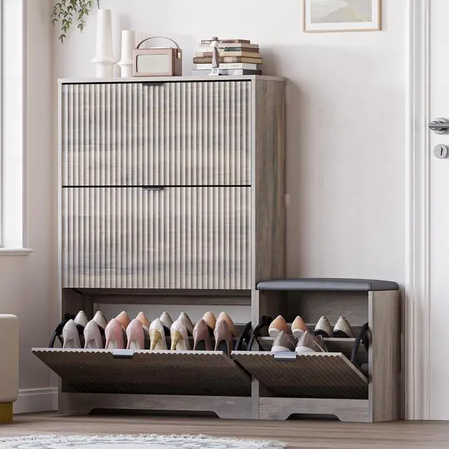 Main image of Slim Shoe Cabinet with Bench for Entryway, Hidden Storage and Adjustable Shelves, Free Standing Wooden Shoes Organizer for Hallway, Foyer
