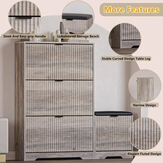 Alt view image 4 of 7 - Slim Shoe Cabinet with Bench for Entryway, Hidden Storage and Adjustable Shelves, Free Standing Wooden Shoes Organizer for Hallway, Foyer
