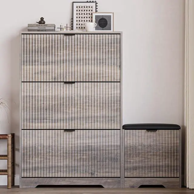 Alt view image 6 of 7 - Slim Shoe Cabinet with Bench for Entryway, Hidden Storage and Adjustable Shelves, Free Standing Wooden Shoes Organizer for Hallway, Foyer