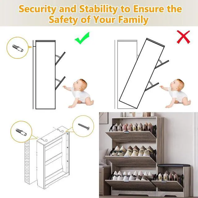 Alt view image 7 of 7 - Slim Shoe Cabinet with Bench for Entryway, Hidden Storage and Adjustable Shelves, Free Standing Wooden Shoes Organizer for Hallway, Foyer