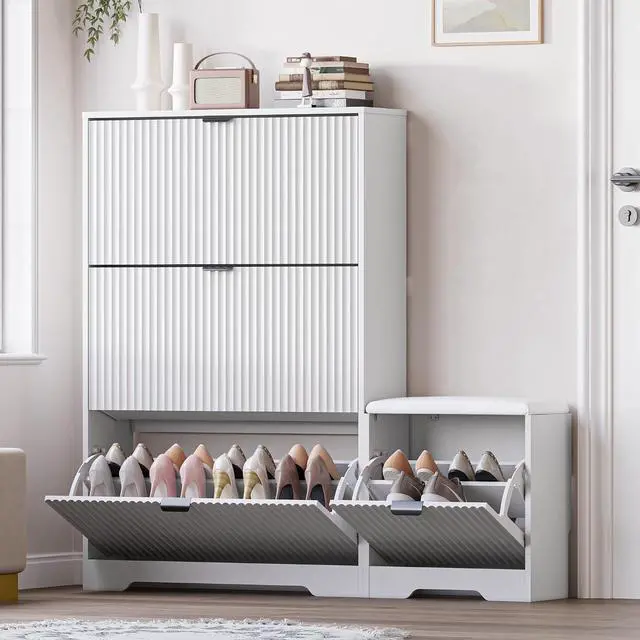Main image of Slim Shoe Cabinet with Bench for Entryway, Hidden Storage and Adjustable Shelves, Free Standing Wooden Shoes Organizer for Foyer, Hallway