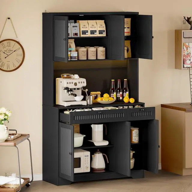 Alt view image 3 of 7 - Pantry Cabinet with Charging Station and Light, Tall Kitchen Pantry Storage Cabinet with Microwave Stand, Wide Fluted Kitchen Hutch with Storage Drawers and Adjustable Shelves for Dining Room
