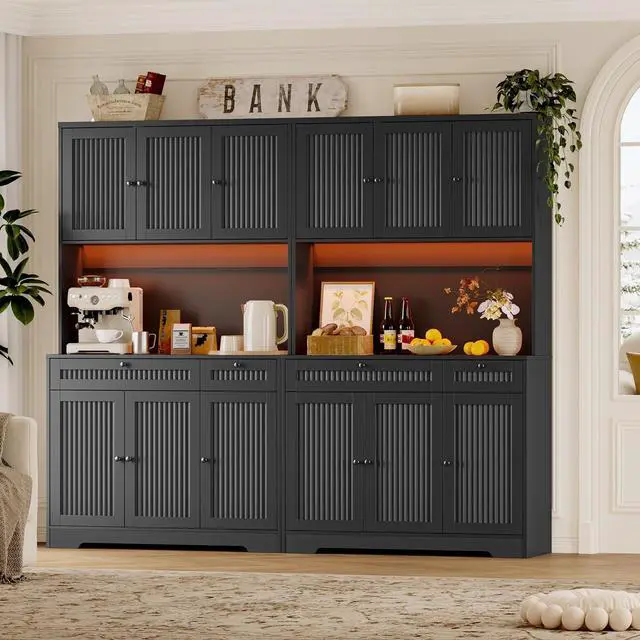 Alt view image 6 of 7 - Pantry Cabinet with Charging Station and Light, Tall Kitchen Pantry Storage Cabinet with Microwave Stand, Wide Fluted Kitchen Hutch with Storage Drawers and Adjustable Shelves for Dining Room