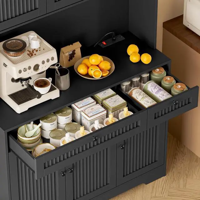 Alt view image 7 of 7 - Pantry Cabinet with Charging Station and Light, Tall Kitchen Pantry Storage Cabinet with Microwave Stand, Wide Fluted Kitchen Hutch with Storage Drawers and Adjustable Shelves for Dining Room