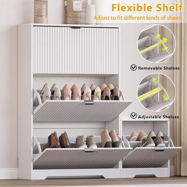 Alt view image 3 of 7 - Slim Shoe Cabinet with Bench for Entryway, Hidden Storage and Adjustable Shelves, Free Standing Wooden Shoes Organizer for Foyer, Hallway