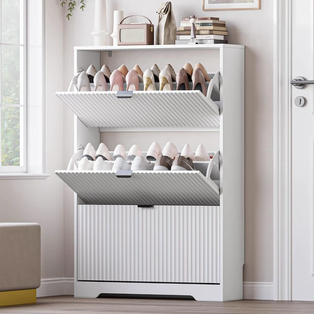 Main image of Entryway Shoe Cabinet with 3 Flip Drawers, Narrow Shoe Organizer Cabinet with Fluted Panel and Adjustable Shelves for Foyer, Hallway