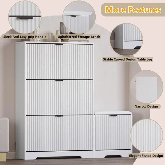 Alt view image 4 of 7 - Slim Shoe Cabinet with Bench for Entryway, Hidden Storage and Adjustable Shelves, Free Standing Wooden Shoes Organizer for Foyer, Hallway