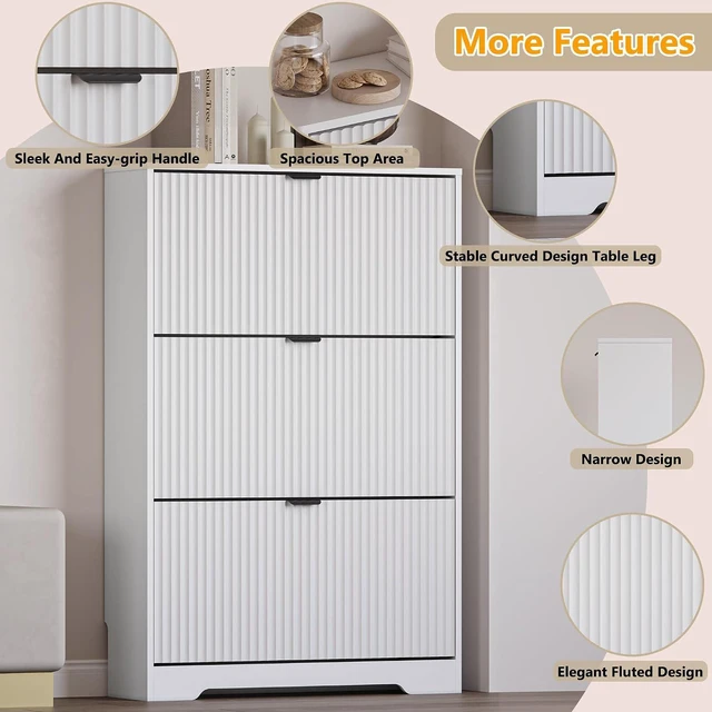 Alt view image 4 of 7 - Entryway Shoe Cabinet with 3 Flip Drawers, Narrow Shoe Organizer Cabinet with Fluted Panel and Adjustable Shelves for Foyer, Hallway